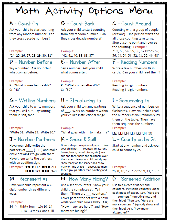 math homework menu